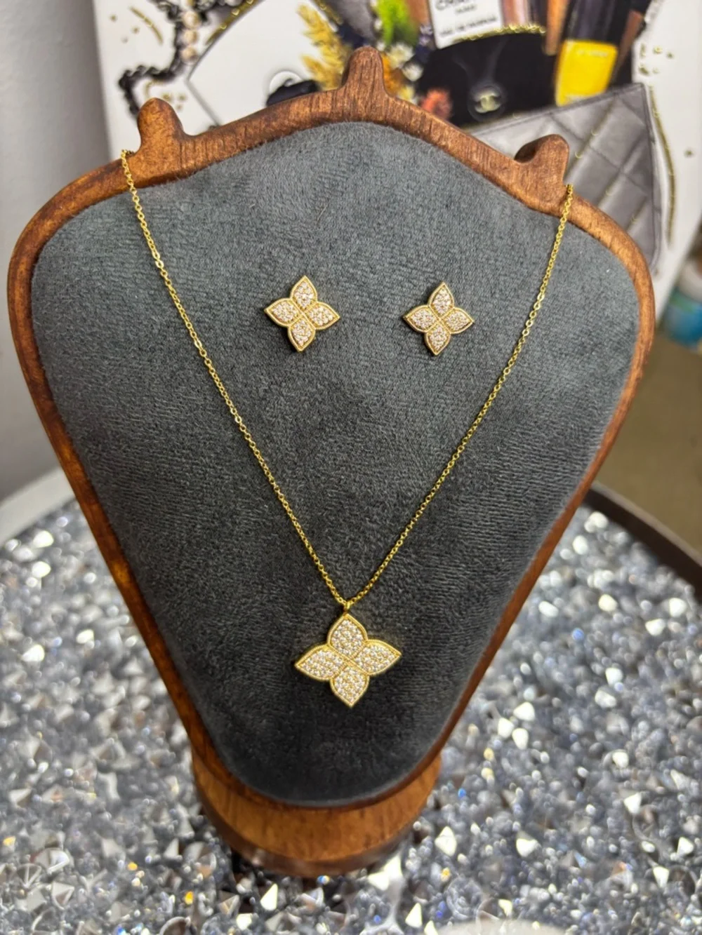 Gold Tone Pave Flower Pendant Necklace and Stud Earrings Set - Picture 6 of 7